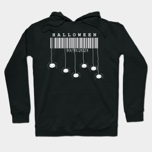 Halloween, white barcode with spiders on black background Hoodie